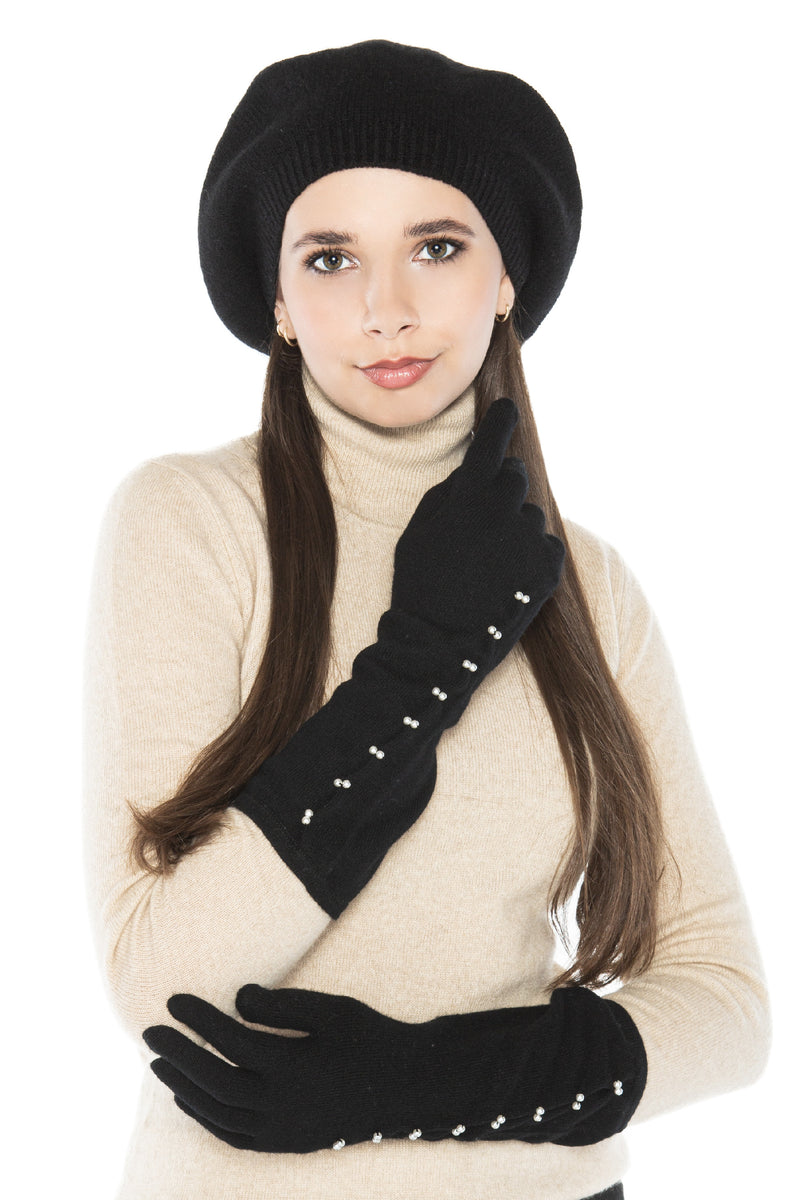 Geschenkset Caroline: Baskenmütze und lange Handschuhe aus 100 % Kaschmir